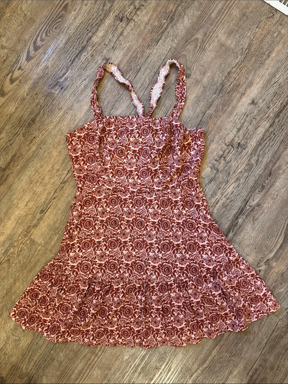 Altar'd State Rust-Red Floral Ruffle-Strap Dress